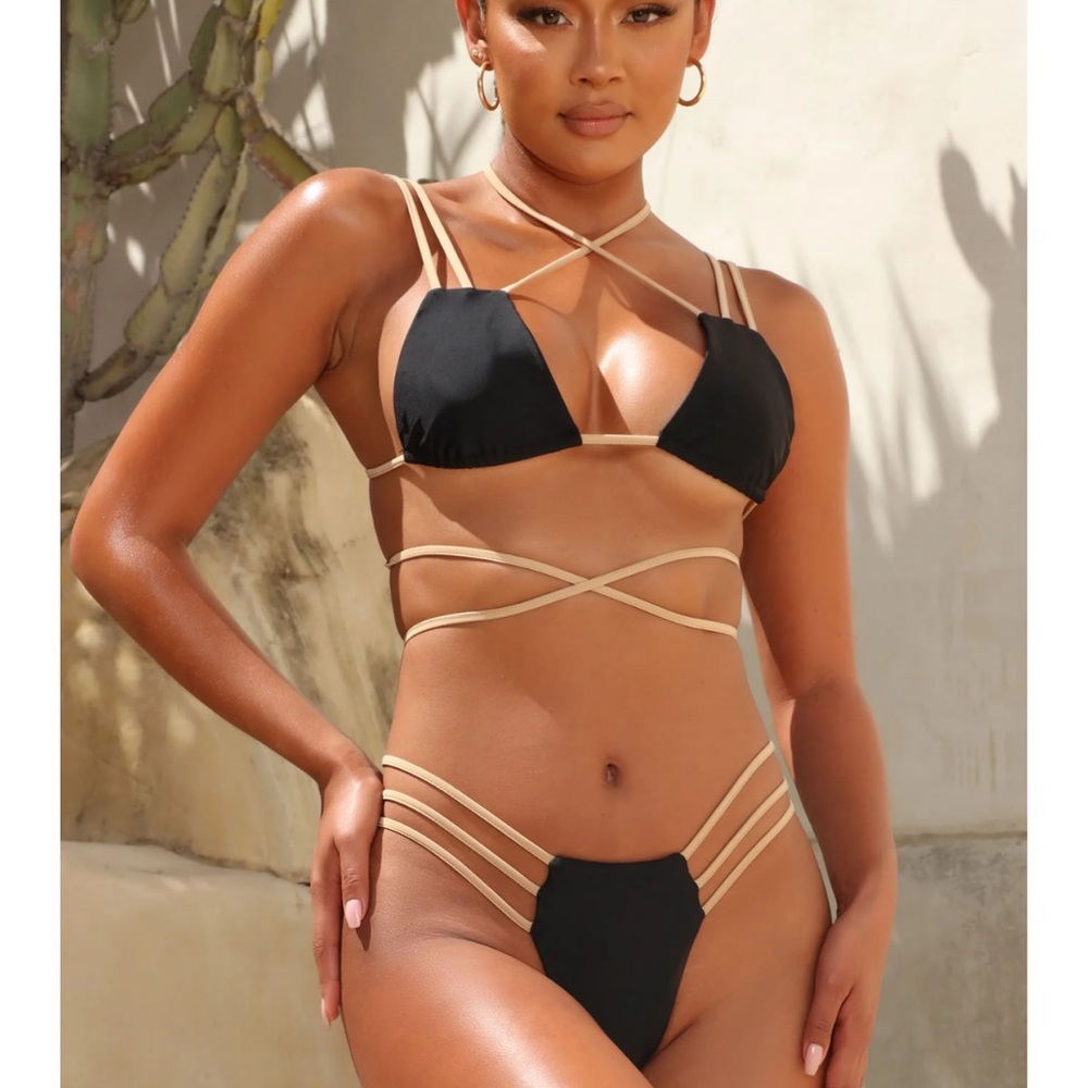 Elegant Black and Tan Strappy Bikini